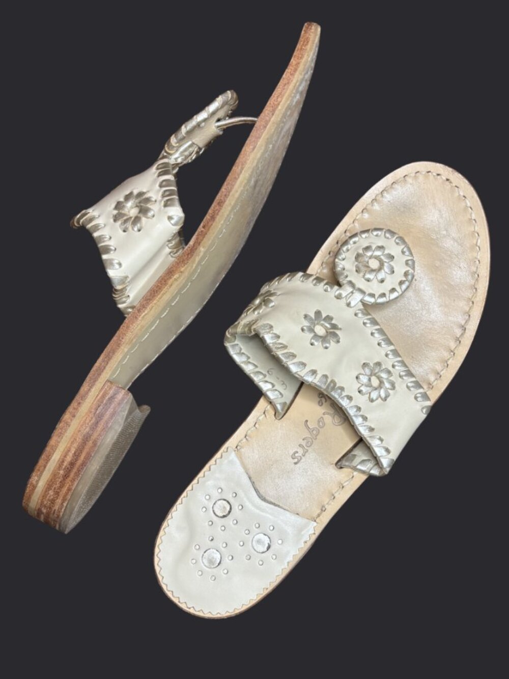 Jack Rogers Bohemian Leather Navajo Thong Sandals White and Metallic Size 6